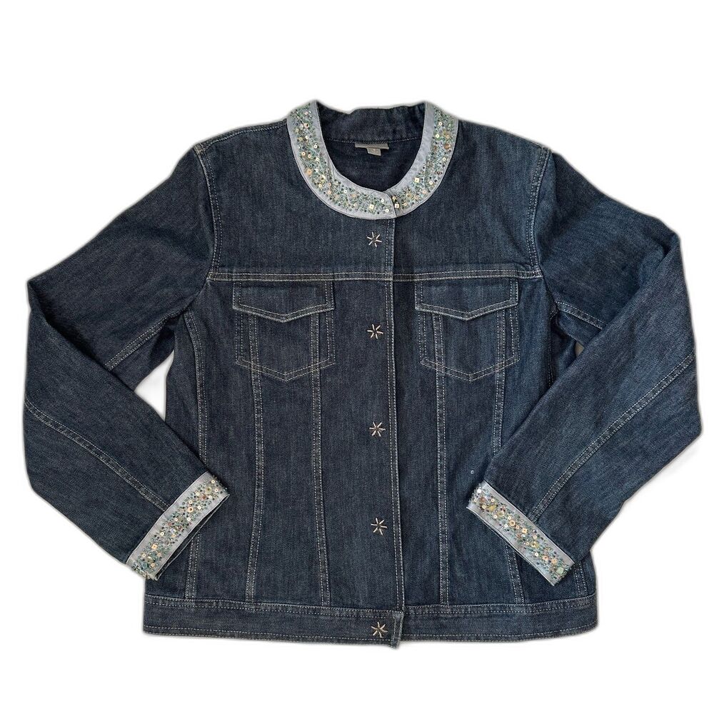 EO Stretch Denim Jacket Womens Small Beaded Sequin Collar Dark Wash Button Up S